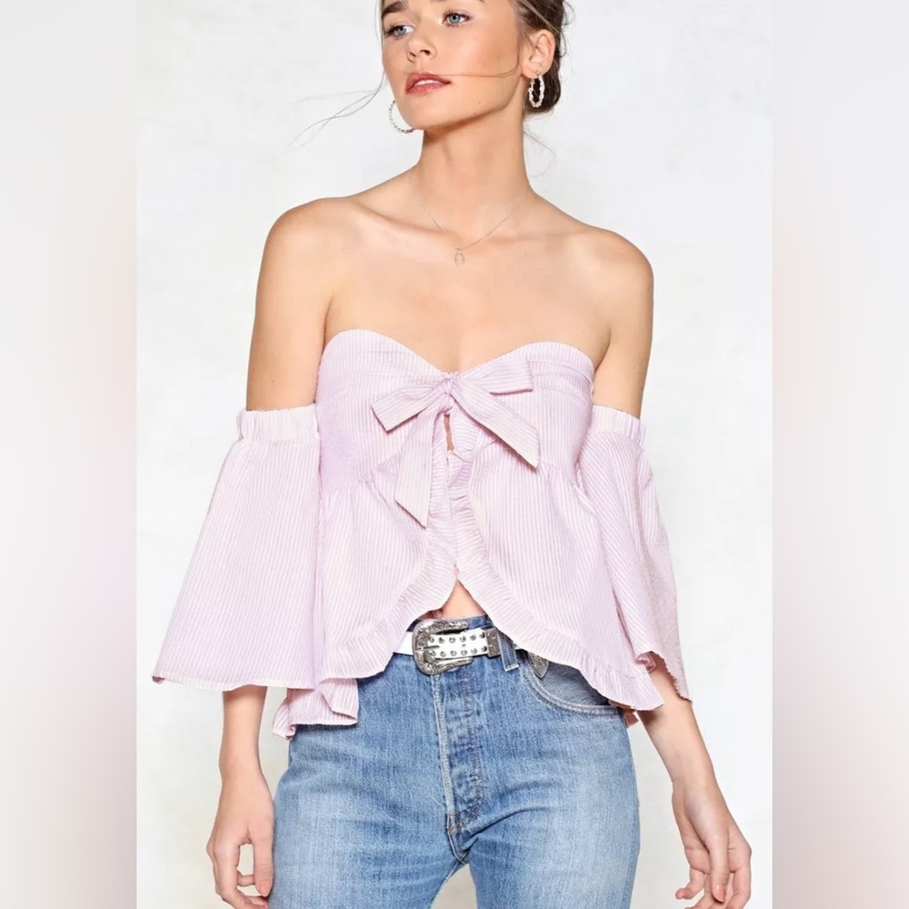 Nasty Gal Women’s Pink & White Off the Shoulder Tie Front Bow Regrets Top Size 2